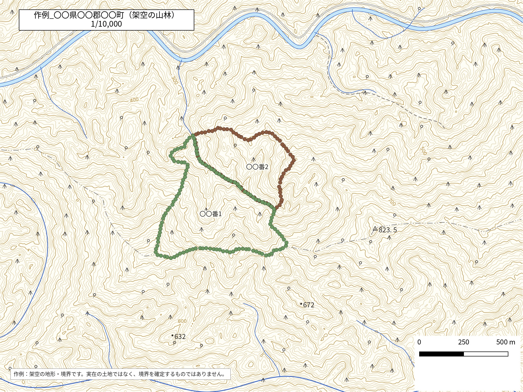作例：架空の山林の地形図に、2筆の土地の境界を点で囲んで示した図